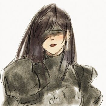 1girl 2b_(nier:automata) 2b_(nier:automata)_(cosplay) black_dress black_hair black_visor blindfold breasts closed_mouth cosplay covered_eyes dress final_fantasy final_fantasy_vii final_fantasy_vii:_ever_crisis highres juliet_sleeves long_hair long_sleeves medium_breasts mmariesr official_alternate_costume puffy_sleeves solo straight_hair tifa_lockhart turtleneck turtleneck_dress upper_body white_background