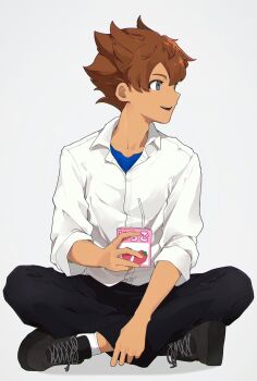 1boy black_pants black_shoes blue_eyes blue_shirt brown_hair collared_shirt commentary commentary_request dame! drinking_straw food fruit highres holding holding_juice_box inazuma_eleven_(series) inazuma_eleven_go indian_style male_focus matsukaze_tenma open_mouth pants parted_bangs profile shirt shoelaces shoes short_hair simple_background sitting sleeves_rolled_up smile socks solo strawberry strawberry_milk teeth upper_teeth_only white_background white_shirt white_socks wing_collar