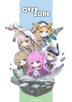 5girls :d :o absurdres ajo_(rolan666) arm_guards armor armored_bodysuit artist_name assault_rifle bare_shoulders black_gloves black_robe blonde_hair blue_eyes blush_stickers bodysuit boots braid breastplate breasts chibi chinese_commentary cleavage clenched_teeth cloak closed_mouth commentary_request detached_sleeves dorothy_(nikke) dress frilled_dress frills full_body gloves goddess_of_victory:_nikke grey_hair gun habit hair_between_eyes hair_bun hair_intakes hat hat_tassel head-mounted_display headgear highres holding holding_gun holding_staff holding_sword holding_weapon japanese_armor jingasa kote large_breasts large_hat leotard long_braid long_hair long_sleeves looking_at_viewer multiple_girls open_mouth over_shoulder pink_hair pinne_(nikke) ponytail product_23_(nikke) purple_eyes purple_ribbon rapunzel_(nikke) ribbon rifle robe scarlet_(nikke) shaded_face shadow short_ponytail shoulder_armor sidelocks single_side_bun sleeveless sleeveless_dress smile snow_white_(nikke) sode staff standing sword teeth thighhighs very_long_hair weapon weapon_over_shoulder white_bodysuit white_cloak white_dress white_gloves white_hair white_leotard white_sleeves yellow_eyes