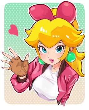 1girl blonde_hair blue_eyes bow breasts brown_gloves earrings fingerless_gloves gloves hair_bow heart highres jacket jewelry long_hair looking_at_viewer mario_(series) mario_kart mario_kart_world medium_breasts mineru128127 nintendo official_alternate_costume open_clothes open_jacket pink_bow pink_jacket pink_lips ponytail princess_peach princess_peach_(touring) shirt solo sphere_earrings upper_body white_shirt