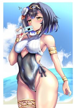 1girl amber_(stella_sora) black_hair black_leotard breasts button_gap cellphone cleavage cleavage_cutout clothing_cutout colored_tips commentary_request edoara flip_phone gradient_hair groin highleg highres holding leotard looking_at_viewer medium_breasts multicolored_hair phone purple_hair shiny_swimsuit short_hair solo stella_sora swimsuit thigh_strap thighs two-tone_hair underboob underboob_cutout yellow_eyes