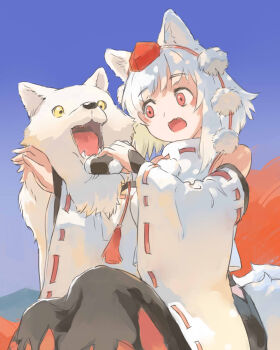 1girl animal animal_ear_fluff animal_ears autumn autumn_leaves blue_sky commentary_request day detached_sleeves fang fangs fingerless_gloves food gloves hat highres holding holding_food inubashiri_momiji leaf looking_at_another looking_at_food mountainous_horizon open_mouth outdoors pom_pom_(clothes) red_eyes sitting skin_fang sky tail tokin_hat touhou turtleneck wolf wolf_ears wolf_girl wolf_tail yellow_eyes zzzzzzzzzzzzzzp