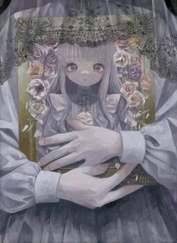 1girl absurdres center_frills commentary_request dress flower_request frills highres holding_portrait long_hair long_sleeves monou_pico original out_of_frame portrait_(object) solo upper_body veil white_dress white_hair