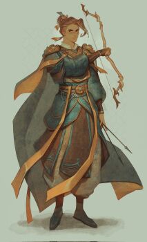 Rule 34 | 1boy, amonimy, archery shooting glove, armor, asymmetrical bangs, blush, boots, border, bow (weapon), bracer, brown eyes, brown hair, cape, capelet, character name, chinese armor, chinese clothes, closed mouth, dark-skinned male, dark skin, earrings, feng xin, floral print, frown, full body, gloves, green boots, green cape, green hanfu, green robe, hair bun, hair ornament, hair ribbon, hanfu, highres, holding, holding weapon, jewelry, layered clothes, long hair, long sleeves, looking at viewer, male focus, orange cape, orange capelet, orange ribbon, partially fingerless gloves, puffy long sleeves, puffy pants, puffy sleeves, ribbon, ribboned xiao guan, robe, shirt, simple background, single hair bun, solo, tianguan cifu, upper body, weapon, white shirt, xiao guan (headdress)