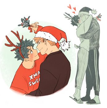 Rule 34 | 2boys, 5mll3, alternate costume, arm around neck, arm up, bakugou katsuki, black shirt, blush, boku no hero academia, christmas, closed eyes, closed mouth, crew neck, cropped torso, eye contact, facial scar, fake antlers, hat, holding, holding mistletoe, hug, kiss, long sleeves, looking at another, male focus, midoriya izuku, mistletoe, multiple boys, multiple views, pants, print shirt, red shirt, santa hat, scar, scar on cheek, scar on face, shirt, short hair, simple background, slippers, smile, spiked hair, standing, striped clothes, striped pants, sweater, tiptoes, vertical-striped clothes, vertical-striped pants, white background, yaoi