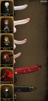 6+futa absurdres ahoge angela_(project_moon) artist_name binah_(project_moon) blue_eyes blue_hair book brown_eyes brown_hair character_name chart comparison covered_penis e.g.o_(project_moon) earrings erection futanari gebura_(project_moon) hair_ornament hairband hairclip heterochromia highres hod_(project_moon) holding holding_book huge_penis jewelry kushishekku large_penis library_of_ruina long_image malkuth_(project_moon) medium_penis mimicry_(e.g.o) mole mole_under_eye mouth_hold multiple_futa penis penis_chart penis_comparison penis_size_comparison ponytail project_moon red_hair scar scar_on_face small_penis standing testicles uncensored veins veiny_penis weapon