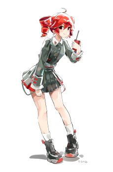 Rule 34 | 1girl, absurdres, ahoge, ankle boots, artist name, black boots, black jacket, black skirt, boots, closed mouth, collared shirt, drill hair, full body, hair between eyes, highres, jacket, kasane teto, kasane teto (voicepeak), long sleeves, looking at viewer, mp777b, pleated skirt, red eyes, red hair, shirt, short hair, signature, simple background, skirt, smile, socks, solo, standing, twin drills, voicepeak, white background, white shirt, white socks, wing collar