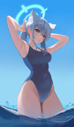 Rule 34 | 1girl, absurdres, animal ear fluff, animal ears, armpits, black one-piece swimsuit, blue archive, blue eyes, blue halo, blue one-piece swimsuit, blue sky, breasts, collarbone, competition swimsuit, covered navel, cross, cross hair ornament, dot nose, extra ears, eyelashes, hair between eyes, hair ornament, halo, highleg, highleg swimsuit, highres, inverted cross, looking at viewer, medium breasts, mismatched pupils, mouth hold, one-piece swimsuit, rianya07, ribbon, ribbon in mouth, shiroko (blue archive), shiroko (swimsuit) (blue archive), sidelocks, sky, solo, standing, swimsuit, thighs, two-tone swimsuit, water, wolf ears