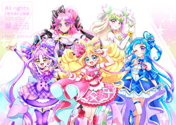 Rule 34 | 5girls, absurdres, ahoge, aokaze nana, arm up, bare shoulders, blonde hair, blue bow, blue dress, blue eyes, blue hair, blush, bow, bracelet, braid, breasts, bridal gauntlets, choker, closed mouth, commentary request, cure idol, cure kiss, cure kyunkyun, cure wink, cure zukyuun, detached sleeves, double-parted bangs, dress, earrings, elbow gloves, eyelashes, fortissimo, frilled dress, frilled sleeves, frills, gloves, gradient hair, hair between eyes, hair bow, hair ornament, hair ribbon, hairband, happy, headset, heart, heart-shaped lock, heart hair ornament, highres, jewelry, kazusa hiyori, kimi to idol precure, long hair, looking at viewer, magical girl, medium breasts, meroron (precure), midriff, multicolored hair, multiple earrings, multiple girls, multiple hair bows, musical note, musical note hair ornament, navel, one eye closed, one side up, open mouth, overskirt, parted bangs, pearl earrings, pink dress, pink hair, pink streaks, plaid bow, plaid clothes, plaid skirt, ponytail, precure, purirun (precure), purple bridal gauntlets, purple choker, purple eyes, purple hair, purple overskirt, purple skirt, purple streaks, ribbon, sakura uta (precure), shigure kokoro, short sleeves, sidelocks, single bare shoulder, skirt, skirt bow, sleeveless, sleeveless dress, smile, strapless, strapless dress, streaked hair, symbol-shaped pupils, tanaka meron, tanaka purin, twin braids, twintails, two-tone hair, v, very long hair, watermark, wavy hair, white dress, white hairband, white sleeves, yellow eyes