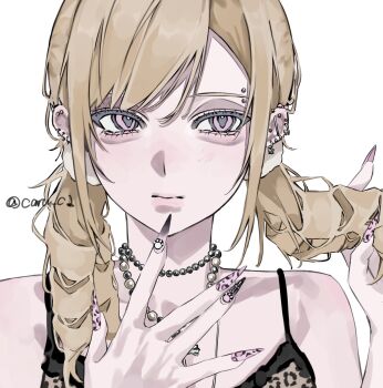 1girl aegyo_sal animal_print bead_necklace beads blonde_hair camisole caru_c1 closed_mouth commentary ear_piercing eyebrow_piercing face_piercing fingernails gyaru hand_in_own_hair hand_up highres jewelry leopard_print long_hair looking_to_the_side nail_polish necklace original piercing pink_eyes portrait sharp_fingernails simple_background solo spaghetti_strap straight-on symbol-only_commentary twintails white_background
