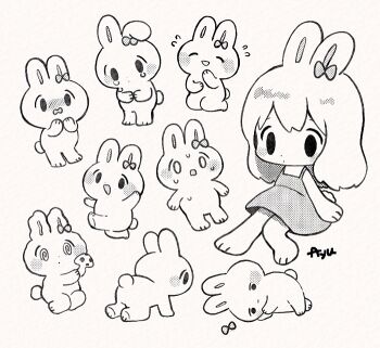 Rule 34 | 0 0, 1girl, :d, @ @, ^ ^, all fours, animal, animal ears, artist name, ayu (mog), blush, blush stickers, closed eyes, closed mouth, commentary, commentary request, dot mouth, dress, english commentary, flying sweatdrops, greyscale, long hair, lying, mixed-language commentary, monochrome, multiple views, mushroom, nose blush, on side, open mouth, original, rabbit, rabbit ears, rabbit girl, rabbit tail, romaji commentary, simple background, sleeveless, sleeveless dress, smile, solid oval eyes, spiral-only eyes, sweat, tail, tears