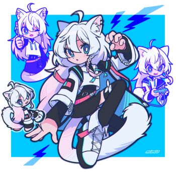 1girl ahoge animal_ear_fluff animal_ears artist_name black_dress black_thighhighs blue_background blue_eyes border bow_legwear braid cat_ears cat_girl cat_tail chibi commentary commission controller cropped_jacket dress english_commentary game_controller hair_between_eyes holding holding_controller holding_game_controller holding_pencil jacket lightning_bolt_symbol long_hair looking_at_viewer mi-mi-o multiple_views one_eye_closed open_mouth original outside_border pencil shoes side_braid skeb_commission sneakers tail thighhighs white_border white_hair white_jacket