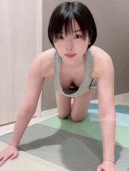 1girl all_fours animated asian bare_shoulders black_hair bouncing_breasts breasts downblouse exercising extended_downblouse hanging_breasts highres indoors jiggle looking_at_viewer medium_breasts no_bra parted_lips push-ups real_life shadow short_hair smile solo sound sumire_live tagme tank_top teeth twitter_username video