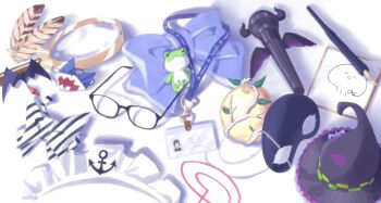 a-chan_(hololive) absurdres anchor anchor_ornament apple bat_hair_ornament black_bow blue_bow bow branch ceres_fauna character_name character_signature charm_(object) commentary diagonal-striped_bow english_commentary eye_mask feathers food frog fruit gawr_gura ginfutsuu glasses golden_apple hair_ornament hair_tie harusaki_nodoka hat highres hiodoshi_ao hololive hololive_dev_is hololive_english id_card kiryu_coco lanyard leaf limiter_(tsukumo_sana) magnifying_glass maid_headdress mano_aloe mask microphone minato_aqua murasaki_shion nanashi_mumei nib_pen_(object) no_humans object_focus pen rectangular_eyewear sakamata_chloe shadow shark_hair_ornament still_life striped_bow trait_connection triangle tsukumo_sana two-tone_bow unworn_eyewear unworn_hair_ornament unworn_hat unworn_headwear unworn_mask variant_set virtual_graduation_commemoration virtual_youtuber watson_amelia white_background white_bow witch_hat yozora_mel