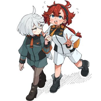 Rule 34 | 2girls, aged down, asticassia school uniform, black boots, black hairband, blue eyes, blush, boots, closed mouth, clothes grab, commentary request, flying sweatdrops, front-seamed legwear, grey eyes, grey hair, gundam, gundam suisei no majo, hair between eyes, hairband, high heel boots, high heels, highres, long hair, long sleeves, miorine rembran, multiple girls, necktie, necktie grab, neckwear grab, open mouth, pantyhose, red hair, school uniform, seamed legwear, shorts, simple background, suletta mercury, sweat, taru haru, thick eyebrows, walking, white background