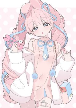 Rule 34 | 1girl, :o, absurdres, animal ears, bag, blue eyes, blue necktie, blue ribbon, blush, cleavage cutout, clothing cutout, coat, collared dress, commentary, cowboy shot, dress, drill hair, fyuett (vrchat), hair ribbon, handbag, hands up, highres, long hair, looking at viewer, neck ribbon, necktie, no nose, no pupils, off shoulder, parted lips, pink background, pink dress, pink hair, polka dot, polka dot background, rabbit ears, ribbon, short necktie, shoulder cutout, simple background, sleeves past wrists, solo, thigh strap, twin drills, two-tone background, uruti 2388, vrchat, white background, white coat
