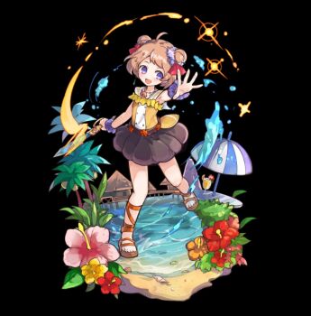 1girl ahoge black_background blush brown_hair brown_sandals child cup dagger double_bun dress earrings flat_chest flower full_body glowing hair_bun highres holding holding_dagger holding_knife holding_weapon house jewelry knife leaf merc_storia merc_storia_art_team moana_(merc_storia) motion_lines official_art open_hand open_mouth outstretched_arm palm_tree pink_flower purple_eyes red_flower red_ribbon ribbon sandals sidelocks simple_background sleeveless sleeveless_dress smile solo spread_fingers standing table tachi-e tree water weapon yellow_flower