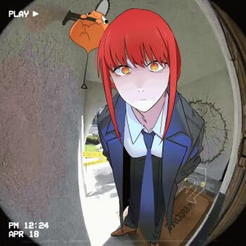 1girl animated black_necktie breasts broken_wall brown_shoes camera_feed caution_tape chainsaw_man chalk_outline closed_mouth coat collared_shirt dated day doorbell_chud_(meme) dress_shirt evidence_markers grey_coat hand_up khyle. leaning_forward long_sleeves looking_at_viewer makima_(chainsaw_man) medium_breasts meme necktie orange_eyes pants photo_background pochita_(chainsaw_man) red_hair ringed_eyes shirt shoes standing tagme trench_coat video welcome_mat white_shirt