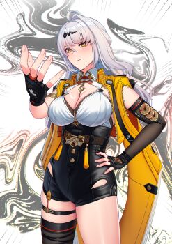 1girl absurdres black_gloves black_shorts black_thighhighs blush breasts cleavage closed_mouth collared_shirt commentary cruzvu english_commentary fingerless_gloves gloves hair_ornament hand_on_own_hip high-waist_shorts highres jacket large_breasts long_hair looking_at_viewer open_clothes open_jacket orange_jacket shirt shirt_tucked_in shorts single_thighhigh skindentation smile solo template thigh_strap thighhighs thighs throwing white_hair white_shirt yellow_eyes yixuan_(zenless_zone_zero) zenless_zone_zero
