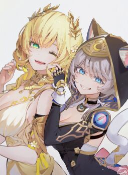 2girls aglaea_(honkai:_star_rail) animal_ear_fluff animal_ears blonde_hair blue_eyes bow breasts cat_ears cat_tail chest_tattoo choker cipher_(honkai:_star_rail) cleavage commentary fingerless_gloves flower gloves greco-roman_clothes green_eyes grey_hair grin highres honkai:_star_rail honkai_(series) jewelry large_breasts laurel_crown leotard mole multiple_girls necklace one_eye_closed short_hair simple_background smile syuri22 tail tattoo yellow_nails