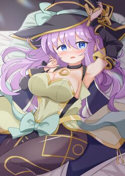 1girl absurdres armpits bare_shoulders black_hat blue_bow blue_eyes blush bow breasts cleavage collarbone detached_sleeves duel_monster eye_of_horus hair_between_eyes hat highres long_hair long_sleeves looking_at_viewer lying medium_breasts nightmare_apprentice open_mouth pantyhose purple_hair solo tomaton witch witch_hat wizard_hat yu-gi-oh!