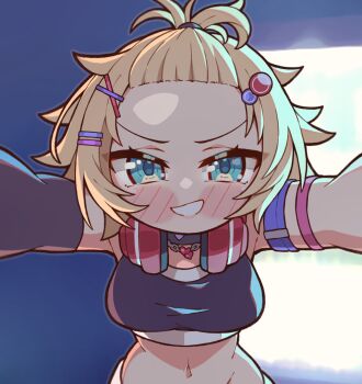 Rule 34 | akai haato, akai haato (8th costume), aqua eyes, black sports bra, blonde hair, blush, blush stickers, breasts, commentary, eyelashes, forehead, hair ornament, hairclip, headphones, headphones around neck, heart, highres, hololive, kabedon on viewer, kukie-nyan, navel, official alternate costume, outstretched arms, pov, smile, sports bra, stomach, upper body, v-shaped eyebrows, virtual youtuber