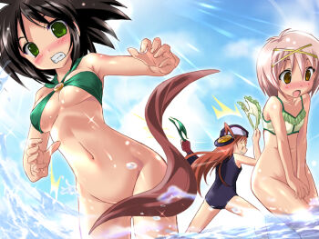 3girls :o akatsuki_no_amaneka_to_aoi_kyojin amaneka_machbuster armpits assisted_exposure bikini unworn_bikini_bottom black_hair blush bob_cut bottomless breasts brown_eyes censored chibi clenched_teeth clothes_theft cloud convenient_censoring covering_privates covering_crotch day eana_komet embarrassed fighting_stance fingerless_gloves flat_chest forced game_cg gloves glowing glowing_eyes green_eyes groin hair_ornament hairclip hat komatsu_eiji light_rays long_hair mail_seagull medium_breasts multiple_girls naughty_face one-piece_swimsuit open_mouth orange_eyes outdoors pink_hair red_hair school_swimsuit short_hair single_glove sky splashing standing stealing_clothes sunbeam sunlight surprised swimsuit swimsuit_theft teeth theft twintails underboob undressing wading water