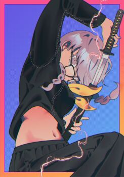 Rule 34 | 1girl, arm up, black skirt, braid, breasts, electricity, genderswap, genderswap (mtf), glasses, grey eyes, grey hair, highres, holding, holding sheath, holding sword, holding weapon, katana, long hair, long sleeves, looking at viewer, medium breasts, midriff, narukami yu, navel, neckerchief, persona, persona 4, pk0x6q, sailor collar, school uniform, serafuku, sheath, simple background, skirt, solo, sword, twin braids, unsheathing, weapon, yellow neckerchief