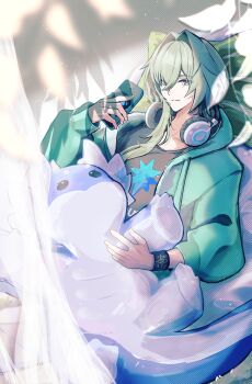 1boy 3vvv3 absurdres alternate_costume anaxa_(alternate_spacetime)_(honkai:_star_rail) anaxa_(honkai:_star_rail) black_shirt blue_eyes casual cellphone closed_mouth commentary curtains dromas_(honkai:_star_rail) green_hair green_jacket hair_between_eyes hair_intakes hair_over_shoulder head_on_pillow headphones headphones_around_neck highres holding holding_phone holding_stuffed_toy honkai:_star_rail honkai_(series) hood hooded_jacket jacket long_hair looking_at_viewer lying male_focus on_back phone pill pillow pink_pupils ponytail shirt smartphone smile solo stuffed_animal stuffed_toy symbol-only_commentary t-shirt wristband