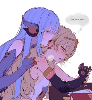 2girls android bare_shoulders blonde_hair blue_hair blush body_freckles bvbu closed_eyes commentary ear_licking earrings english_commentary english_text facing_another freckles genshin_impact highres holding_own_wrist ineffa_(genshin_impact) jahoda_(genshin_impact) jewelry licking long_hair looking_down mechanical_arms multiple_earrings multiple_girls open_mouth paper shoulder_freckles speech_bubble straight_hair thought_bubble trembling twitter_username wavy_hair yellow_eyes yuri