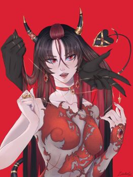 1boy 1other 1sabe1x arms_up black_gloves breasts cleavage collar demon_horns earrings fangs gloves head_tilt heart heart_tail highres horns i&#039;m_the_grim_reaper invisible_man jewelry lucifer_(i&#039;m_the_grim_reaper) makeup multicolored_hair no_bra official_alternate_costume playing_with_another&#039;s_hair red_background red_eyes ring scar scar_on_stomach scarlet_(i&#039;m_the_grim_reaper) see-through_clothes single_sleeve string_around_finger string_around_neck tail upper_body