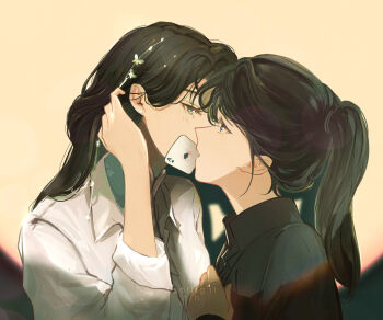 2girls absurdres ace_(playing_card) ace_of_spades black_hair black_shirt blue_eyes blush card collared_shirt commentary earrings english_commentary green_eyes highres jewelry lipstick_mark long_hair multiple_girls original ossan_jololol playing_card ponytail shirt spade_(shape) stud_earrings white_shirt yellow_background yuri