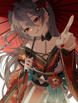 1girl absurdres ahoge black_survival clenched_teeth collarbone eternal_return:_black_survival garnet_(black_survival) grey_hair highres holding holding_umbrella japanese_clothes kimono long_hair looking_at_viewer nail_polish oil-paper_umbrella pinpinkungya pointing pointing_at_viewer red_eyes red_nails red_umbrella simple_background solo teeth twintails umbrella white_background