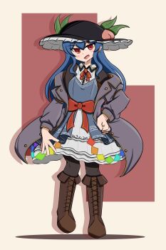 Rule 34 | 1girl, absurdres, alternate costume, avian zebra, black hat, black pantyhose, blue dress, blue hair, boots, bow, brown boots, coat, commentary, dress, dress bow, english commentary, full body, grey coat, hat, highres, hinanawi tenshi, knee boots, lace-up boots, layered dress, long hair, looking at viewer, open clothes, open coat, open mouth, pantyhose, peach hat ornament, red bow, red eyes, solo, touhou, two-tone dress, white dress, winter clothes
