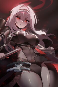 1girl belt bodystocking breasts brown_belt closed_mouth covered_navel donmin_h goddess_of_victory:_nikke grey_hair hair_intakes highres holding holding_weapon long_hair red_eyes scarlet_(black_shadow)_(nikke) scarlet_(nikke) shadow solo weapon