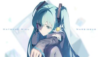 1girl absurdres aqua_eyes aqua_hair aqua_nails arm_on_knee bare_shoulders black_sleeves blurry blurry_foreground character_name close-up detached_sleeves english_text flower grey_shirt hair_between_eyes hair_ornament hatsune_miku highres long_hair mobileforces portrait shadow shirt simple_background sleeveless sleeveless_shirt smile solo twintails very_long_hair vocaloid