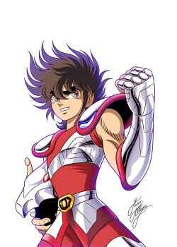 1boy armor backlighting brown_eyes brown_hair clenched_hand gauntlets grin holding male_focus marco_albiero pegasus_seiya saint_seiya shoulder_armor signature single_gauntlet smile solo upper_body