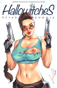 1girl artist_name belt black_gloves blue_tank_top braid braided_ponytail breasts brown_eyes crop_top dual_wielding elias_chatzoudis english_text fingerless_gloves gloves gun handgun highres holding lara_croft large_breasts lipstick long_hair looking_at_viewer looking_over_eyewear makeup midriff nail_polish navel nipples red-tinted_eyewear red_lips signature simple_background solo sunglasses tank_top tinted_eyewear tomb_raider torn_clothes torn_tank_top upper_body weapon white_background