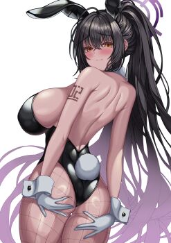 1girl absurdres ahoge animal_ears black_hair black_leotard blue_archive blush breasts dark-skinned_female dark_skin detached_collar embarrassed fake_animal_ears fishnet_pantyhose fishnets from_behind gloves halo hands_on_own_ass highres huge_breasts karin_(blue_archive) karin_(bunny)_(blue_archive) leotard long_hair looking_at_viewer number_tattoo official_alternate_costume pantyhose playboy_bunny ponytail purple_halo rabbit_ears rabbit_tail solo strapless strapless_leotard tail tattoo white_background white_gloves wxjn4348