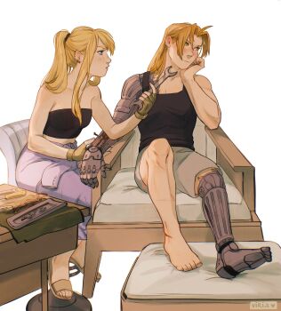 1boy 1girl artist_name bare_arms bare_shoulders barefoot black_tank_top blonde_hair blue_eyes blue_legwear blue_pants blush brown_eyes chair couple edward_elric embarrassed forehead fullmetal_alchemist grey_shorts hair_tie hetero highres light_blush long_hair looking_away pants ponytail pout profile prosthesis prosthetic_arm prosthetic_leg shorts sidelocks sitting sports_bra table tank_top tools twitter_username viria13 watermark white_background winry_rockbell wrench