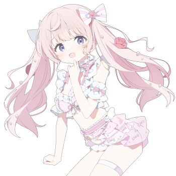 Rule 34 | 1girl, :d, absurdres, bikini, blush, bow, breasts, commentary request, commission, cowboy shot, dot nose, hair bow, hand up, highres, himeno aimu, indie virtual youtuber, long hair, looking at viewer, medium breasts, navel, open mouth, pink bikini, pink hair, purple eyes, simple background, skeb commission, smile, solo, striped bow, swimsuit, thigh strap, twintails, urotsuki (ku9625), virtual youtuber, white background, white bow