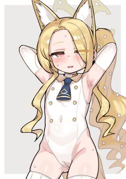 1girl absurdres animal_ears armpits arms_behind_head blonde_hair blue_archive blush cameltoe covered_navel elbow_gloves female_focus flat_chest fox_ears fox_girl fox_tail gloves halo highres leonat loli long_hair looking_at_viewer necktie pink_eyes seia_(blue_archive) solo standing sweat tail thighhighs thighs white_thighhighs