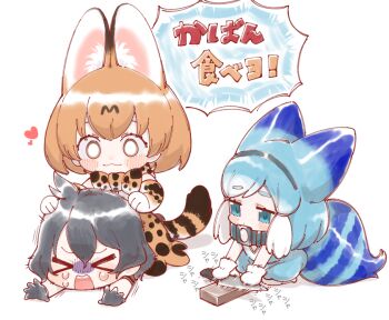 &gt;_&lt; 3girls animal_ears animal_print black_hair blonde_hair blush bow bowtie elbow_gloves gloves heart humanization kaban_(kemono_friends) kemono_friends knife lucky_beast_(kemono_friends) multicolored_hair multiple_girls notora open_mouth orange_bow orange_bowtie print_gloves print_skirt serval_(kemono_friends) sharpening shirt short_hair short_sleeves skirt smile striped_tail tail translated two-tone_bow two-tone_bowtie