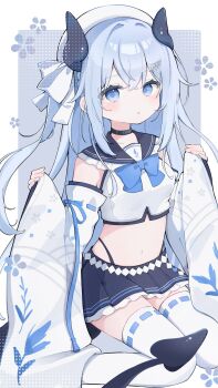 1girl bare_shoulders black_choker black_horns black_sailor_collar black_skirt blue_eyes blue_hair choker commentary_request commission crop_top cropped_shirt detached_sleeves feet_out_of_frame frilled_sailor_collar frilled_skirt frills grey_background hat highres horns iro_iro_iroo long_hair long_sleeves looking_at_viewer midriff miniskirt navel original parted_lips pleated_skirt ribbon-trimmed_sleeves ribbon-trimmed_thighhighs ribbon_trim sailor_collar shirt sitting skeb_commission skirt sleeveless sleeveless_shirt solo thighhighs wariza white_hat white_shirt white_sleeves white_thighhighs wide_sleeves zettai_ryouiki
