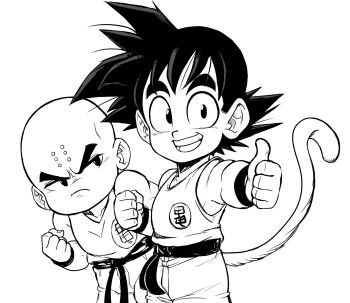 bindi dragon_ball highres kuririn monkey_tail obi pointy_hair sash sketch son_goku tail teevo thumbs_up wristband