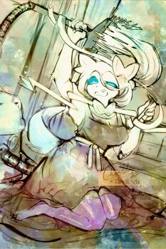 1girl animal_ears apron arm_up artist_name blue_sclera body_fur bow bowtie breasts cleaning cleavage colored_sclera constricted_pupils dated duster dutch_angle failure fang female_focus fishnet_thighhighs fishnets full_body furry furry_female gen_6_pokemon hair_between_eyes hair_bow hair_ribbon half-closed_eye hand_up highres holding holding_duster indoors knees_together_feet_apart large_breasts long_hair loose_hair_strand monochrome motion_lines neck_ribbon nintendo on_floor open_mouth personification pink_thighhighs pokemon pokemon_(creature) ribbon shirt short_sleeves sidelocks signature sitting sketch solo spot_color sylveon tail thighhighs thwillartz twitter_username uneven_eyes vacuum_cleaner vince_(thwillartz) wariza white_eyes