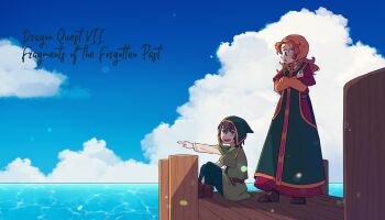 1boy 1girl black_hair blue_sky brown_eyes brown_shoes cloud commentary_request copyright_name crossed_arms cumulonimbus_cloud day dock dragon_quest dragon_quest_vii dress english_text green_tunic hatomori_satoko headscarf hero_(dq7) highres horizon layered_sleeves lens_flare long_sleeves maribel_(dq7) ocean orange_hair orange_headscarf outdoors pointing shoes short_over_long_sleeves short_sleeves sitting sky standing tunic water