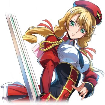 1girl artist_request beret black_necktie blonde_hair breasts brooch closed_mouth code_geass code_geass:_lost_stories code_geass:_soubou_no_oz corset covered_navel drill_hair dutch_angle female_focus game_cg gem gold_trim green_eyes hair_ornament hair_ribbon hairclip happy hat high-waist_skirt holding holding_sword holding_weapon jewelry juliet_sleeves long_hair long_sleeves looking_at_viewer medium_breasts military_uniform miniskirt mole mole_under_eye necktie non-web_source official_art oldrin_zevon pink_gemstone pleated_skirt puffy_sleeves red_hat red_ribbon red_skirt ribbon shirt shrug_(clothing) sidelocks simple_background skirt smile solo standing swept_bangs sword transparent_background twin_drills twintails weapon white_shirt