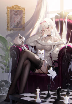 1girl absurdres animal arm_rest backlighting bare_shoulders black_cat black_choker black_thighhighs blunt_bangs board_game breasts cat chain chain_necklace chair character_request chess chess_piece chessboard choker closed_mouth collarbone commentary commission crossed_legs curtains day earrings fake_horns fine_fabric_emphasis garter_straps glasses grey_cat hair_ornament hairband hairclip hand_on_own_face hand_up head_tilt highres horn_hairband horns indie_virtual_youtuber indoors jewelry king_(chess) knight_(chess) kyky_(-kyky) light_particles long_hair long_sleeves looking_ahead medium_breasts mole mole_under_eye multicolored_hair multiple_cats nail_polish necklace no_shoes off-shoulder_sweater off_shoulder on_chair parallel_hairclips picture_frame pink_nails pink_streaks plant potted_plant queen_(chess) red-framed_eyewear red_eyes red_hairband ribbed_sweater sidelocks sitting sleeves_past_wrists solo streaked_hair sweater thighhighs thighs toe_seam torn_clothes torn_thighhighs very_long_hair virtual_youtuber white_cat white_hair window