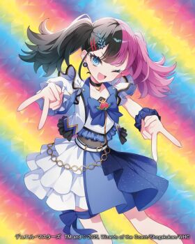 Rule 34 | 1girl, 2025, black hair, blue bow, blue eyes, blue ribbon, blue shirt, blue skirt, bow, chatsubaki, copyright notice, covered navel, double v, duel masters, earrings, hair ornament, hairclip, idol clothes, jewelry, layered skirt, leg ribbon, momoiro mimi, multicolored hair, multicolored shirt, multicolored skirt, official art, one eye closed, open mouth, pink hair, rainbow background, ribbon, scrunchie, shirt, skirt, solo, twintails, v, white shirt, wrist scrunchie